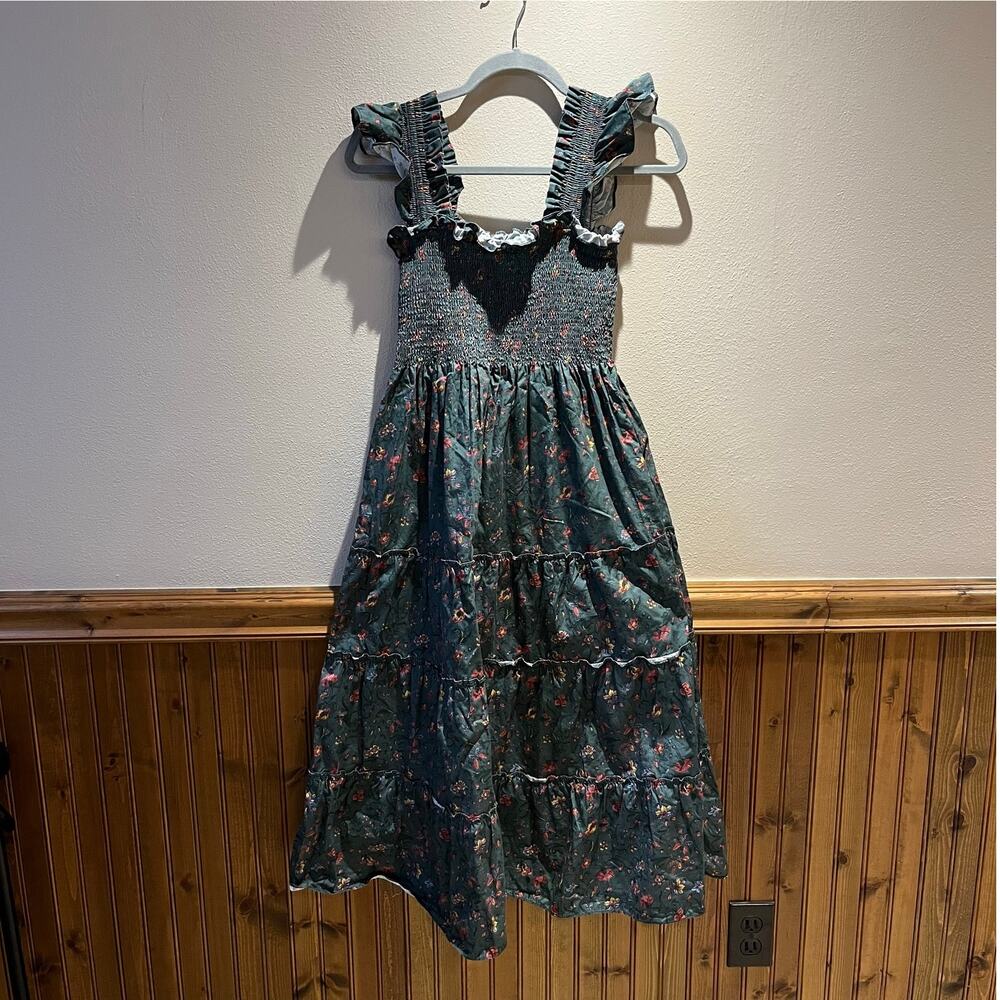 Smocked Ruffle Strap Floral Midi Dress - Green